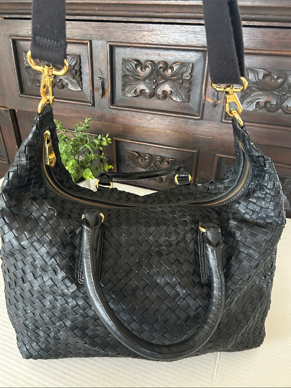 Christopher Kon Woven Leather Tote Bag with Detachable Strap - Black - Picture 14 of 15